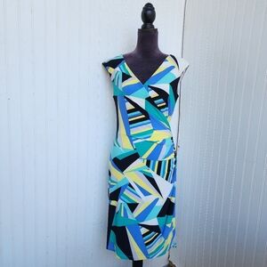 Ralph Lauren Colorful Sleeveless Faux Wrap Geo V-Neck Dress Green Yellow Sz 6